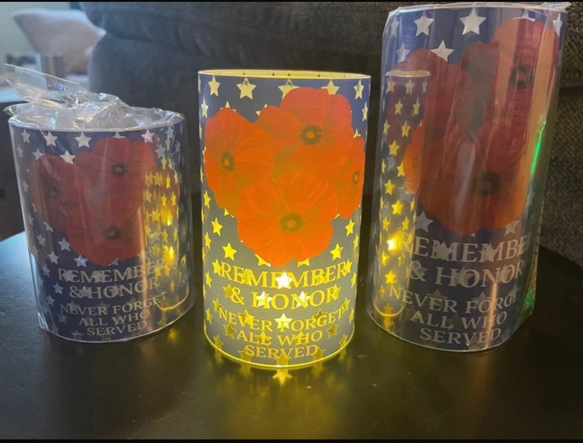Patriotic Poppy “Remember & Honor” Lighted Memorial Table Candles