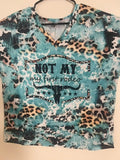 “Not My First Rodeo” Turquoise Leopard Print Western Tee LG