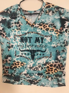 “Not My First Rodeo” Turquoise Leopard Print Western Tee LG