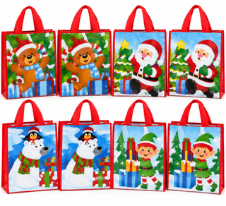 Set of 8 Reusable Christmas Gift Bags – Festive Holiday Designs – 14” x 14” x 8”