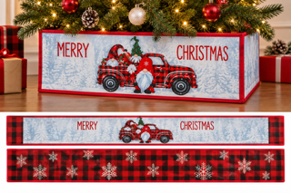 Merry Christmas Gnome & Plaid Truck Christmas Tree Base Cover – 10” x 90”