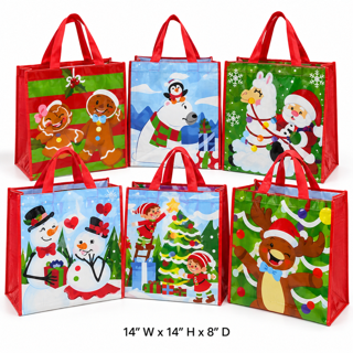 12pc Reusable Christmas Gift Bags – Festive Holiday Designs – 14” x 14” x 8”